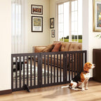 24”H Freestanding Wooden Pet Gate, Dog Gate for Stairs, Doorways, and Hallways, Step Over Foldable Pet Fence for Indoor Use, Support Feet Included, 60 inch Wide 3 Panels, Espresso