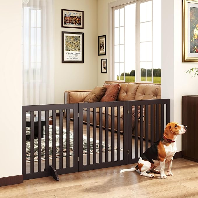 24”H Freestanding Wooden Pet Gate, Dog Gate for Stairs, Doorways, and Hallways, Step Over Foldable Pet Fence for Indoor Use, Support Feet Included, 60 inch Wide 3 Panels, Espresso