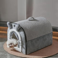 Jiupety Small Dog House Indoor, Dog Cave with Door Curtain Design, Puppy House with Reversible Washable Cushion, M Size Portable Pet Cave for 7-13 lb Cats and 5-11 lb Dogs, Non-Slip Bottom, Grey