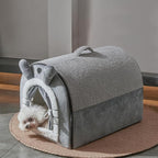 Jiupety Small Dog House Indoor, Dog Cave with Door Curtain Design, Puppy House with Reversible Washable Cushion, M Size Portable Pet Cave for 7-13 lb Cats and 5-11 lb Dogs, Non-Slip Bottom, Grey