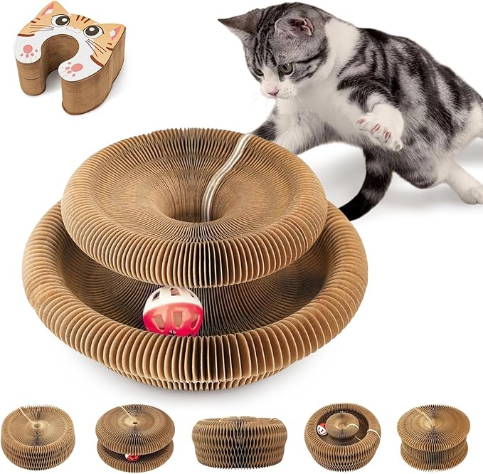 Collapsible Cats Cardboard Scratcher, Interactive Cat Toys for Indoor Cats, Scratch Pad Shape Shifting Ball Track with Bell, Magic Organ Cat Toy for Chase & Scratch Paw Easter Toys for Kitties Cat