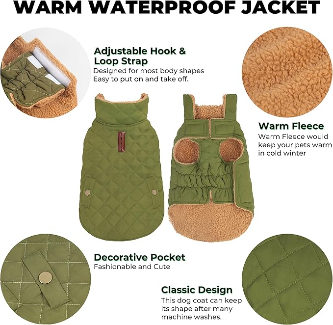 Dog Coat, Warm Winter Dog Waterproof Jacket for Medium Dogs, Fleece Lined Adjustable Dogs Coats Cold Weather Windproof Doggie Snowsuit with Leash Hole, Green X-Large