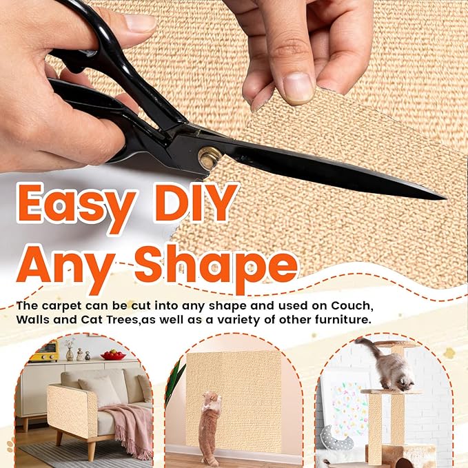78.7"x15.8" Self-Adhesive cat Scratch pad - Trimmable Furniture Protector for Couch, Walls & Cat Trees | DIY Climbing Scratcher Pad with Twist Pins & Double-Sided Adhesives (Beige)