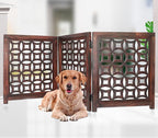 Wooden Foldable Pet Dog Safety Gate -3 Panels 20"Wx24"H- Hand Carved Solid Wood And MDF - Free Standing Portable Indoor Doorway Hall Stairs Dog Puppy Fence - Fully Assembled - Antique Brown -IRONGATE