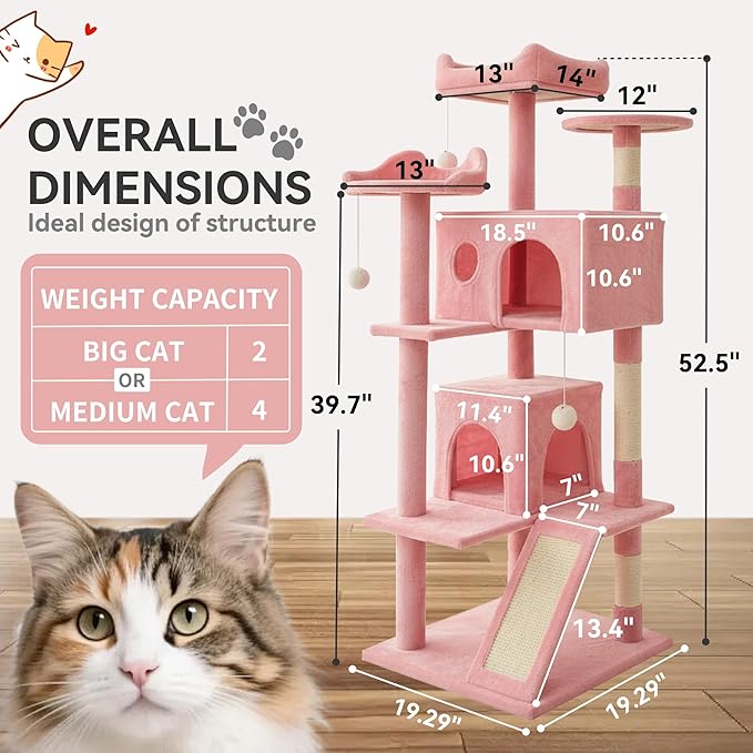 Pawly 52.5" Large Cat Tree with 2 Condos & Sisal Ramp, Premium CARB P2-Compliant Particle Board, 350G Plush Sturdy Cat Tower for Large Breeds, Senior Cats & Multi-Cat Household, Pink