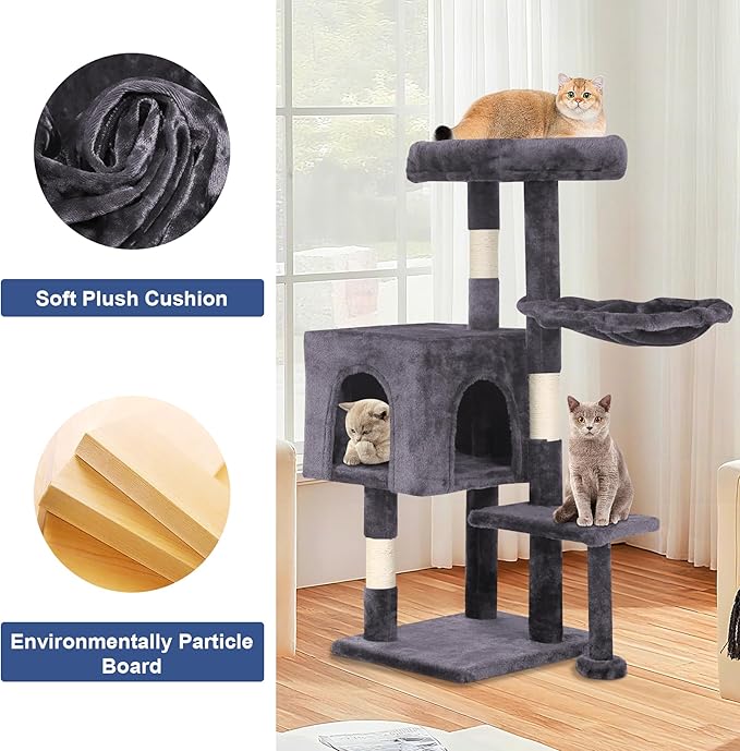 BLKMTY 36" Cat Tree Tall Cat Tower for Indoor Cats Condo Climber with Scratching Post, Climbing Stand, Plush Top Perch and Mouse Toy Cats Playhouse Kitty Activity Trees with Hammock, Light Gray