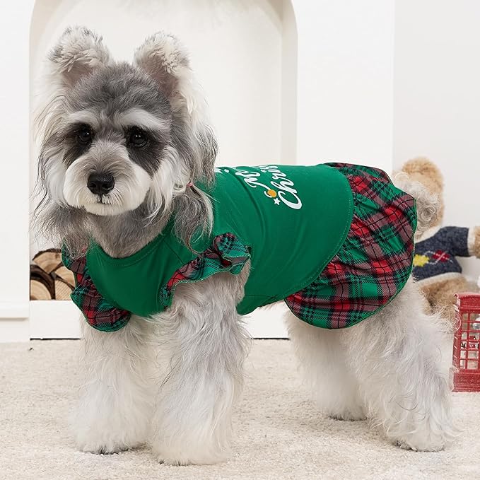 XPUDAC 4 Pack Christmas Dog Dress Plaid Puppy Clothes for Small Dogs Girl Cute Pet Outfit Doggy Apparel Cat Holiday Party Costume, Red, Green, XS