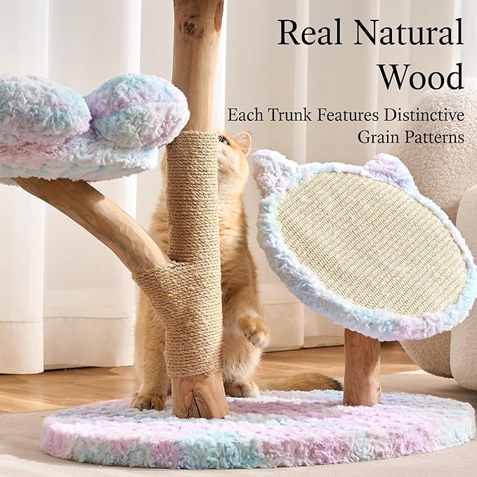 797Audio Natural Wood Flower Cat Tree, Modern Cat Tower with Real Solid Wood Branch, Luxury Aesthetic Cat Tree with Scratching Post, Scratch Pad, Cat Tree Tower for Indoor Large Adult Cats, Sky Blue