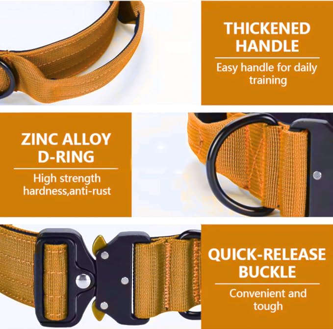 Heavy Duty Tactical Dog Collar, Adjustable Nylon with Metal Buckle, Multiple Colors (Orange, L)