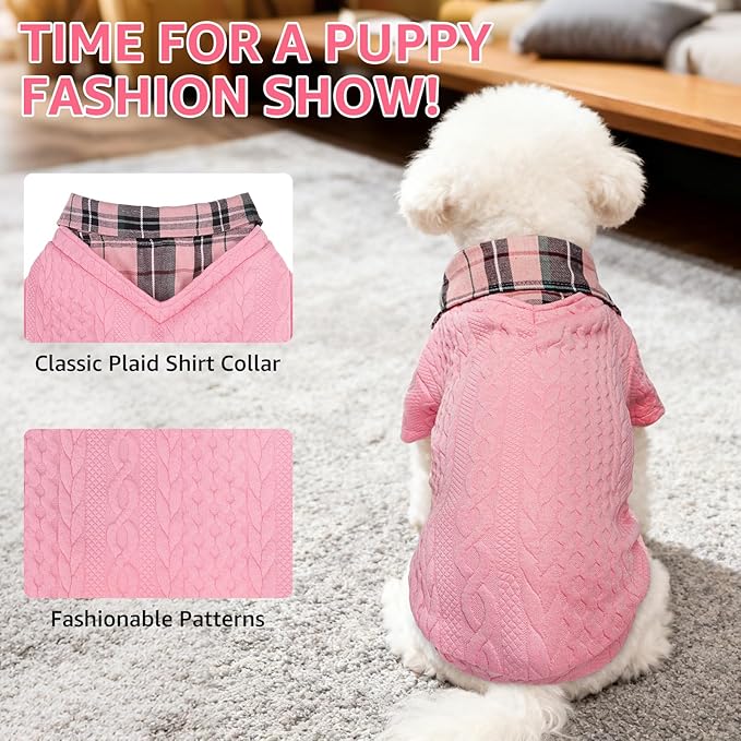 SCENEREAL Dog Sweaters for Small Medium Dogs, Pet Hoodie Sweatshirts Winter Knitted Pullovers with Fashion Shirt Collar, Puppy Clothes Cold Weather Coats, Pink S