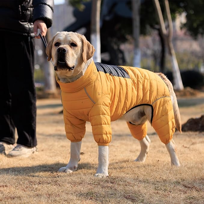 Lovelonglong Dog Coat Dog Warm Jacket, 4 Legs Covered Waterproof Windproof Reflective Warm Dog Vest, Zippered Adjustable Outdoor Dog Snow Jacket for Small Medium Large Dogs Yellow XXXL