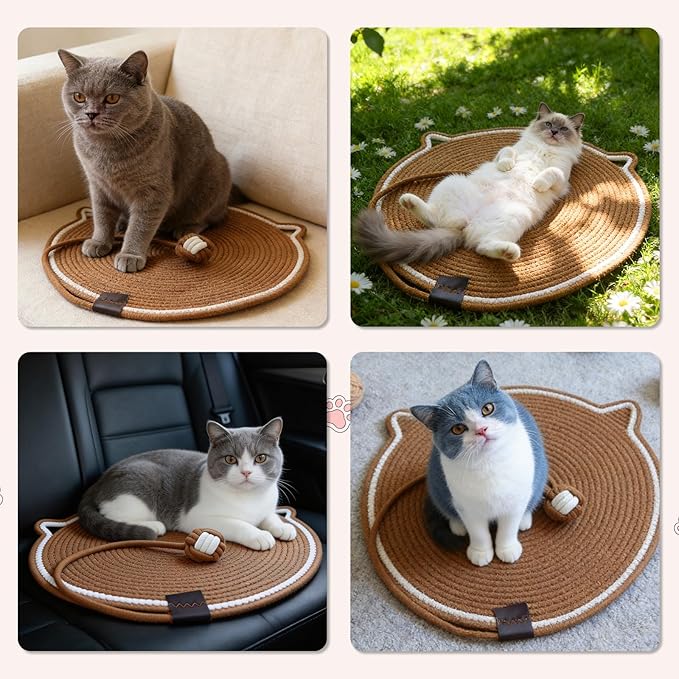 Cat Scratcher Mat, Natural Cotton Rope Cat Scratch Pad, 18.11'' Round Horizontal Floor Cat Scratching Pads for Indoor Cats, Cat Furniture Protector for Wall, Couch, Carpets, Sofas (white, Extra Large)