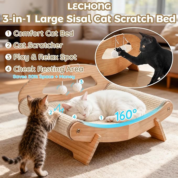 3-in-1 Large Sisal Cat Scratch Bed, Thicker Natural Sisal 22” Elevated Wooden Frame Hammock Lounge for Indoor Cats Sleep, Scratch & Play