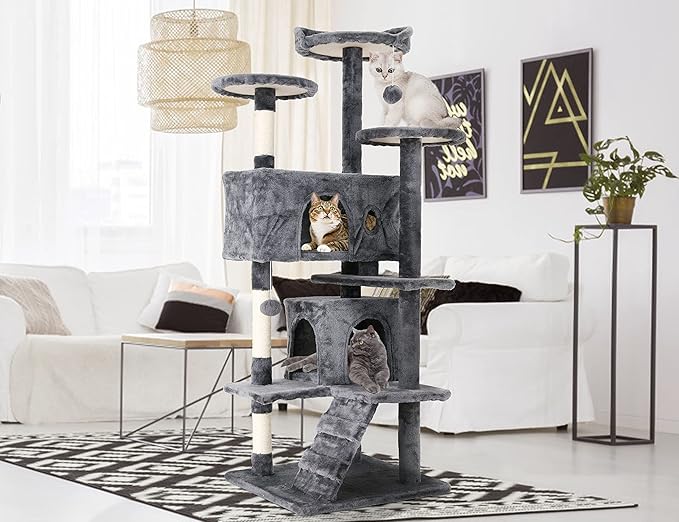 Go Pet Club 54'' Tall Multi-Level Cat Tree with 3 Scratching Posts, 3 Platforms, 2 Condos, Toys, Corner Tower for Large Cats