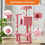 Cat Tree Tower 44 Inch, Small Cat Tower with Condo, Hammock, Sisal Scratching Posts, Extended Perch, Pet Play House for Indoor Kittens and Cats, Pink