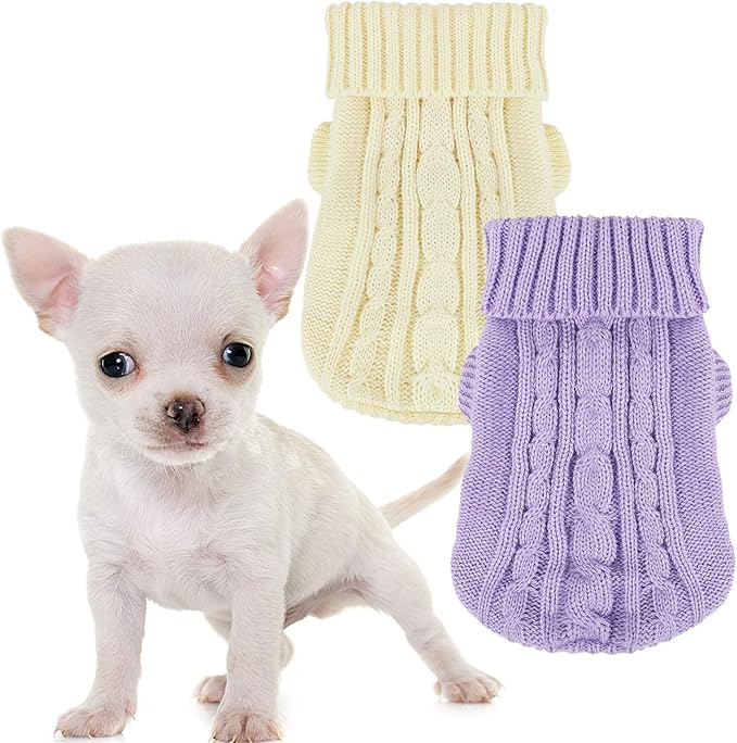 2 Pack Dog Sweaters for Small Dogs, Chihuahua Yorkie Sweater, Puppy Clothes Winter Warm Pullover Clothing, Pet Cat Cold Weather Puppy Cold Outfits (Beige+Purple Small)