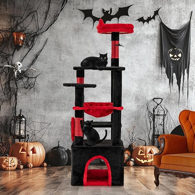 Tangkula Gothic Cat Tree, Halloween Cat Tower with Sisal Scratching Posts & Board, Spooky Bat-Shaped Platforms, Spider Toy, Devil Ear-Shaped Perch, Goth Cat Tree w/Large Hammock & Condo, Black & Red