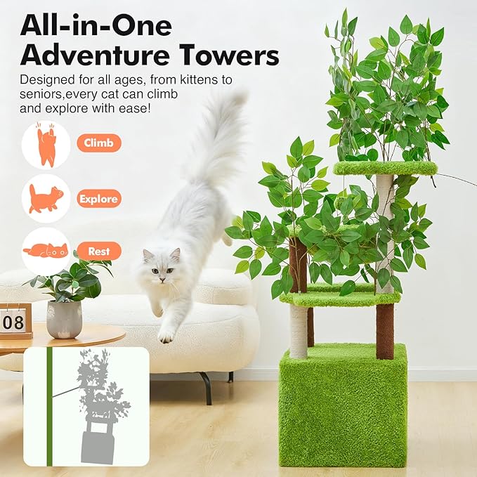 60 inch Cat Tree with Leaves for Climbing, Hiding and Sleeping Cat Tower with Hammock, Scratching Post and Large Cat House