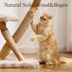 HITTITE Natural Solid Wood Cat Tree Tower with Scratching Post, 32 Inches Tall Modern Cat Tower with Cozy Bed and Platforms, Luxury Real Branch Cat Tree for Indoor Cats Large Adult, Khaki.