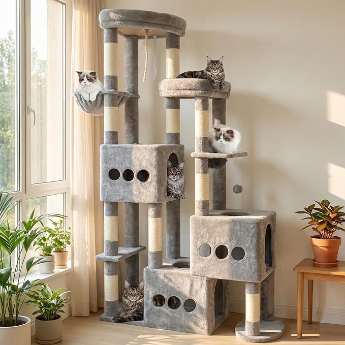 Cat Tree for Large Adult, 71.7'' Tall Cat Tower for Indoor Cats, Sturdy Heavy Duty Cat Tree Tower for 20 lbs+Cats, 3 Big Cat Condos, 10 Scratching Posts, 3 Platforms, Light Gray GCT036W
