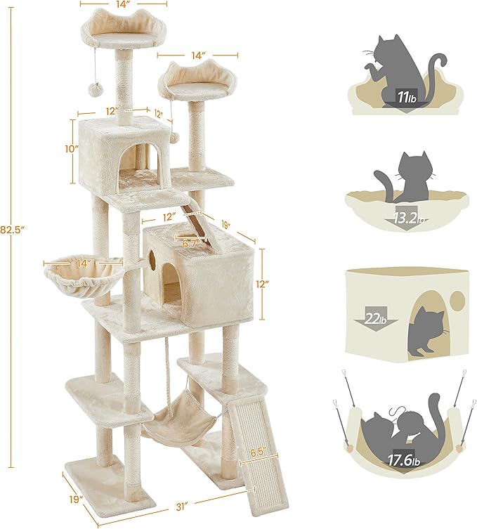 Topeakmart Cat Tree, 82.5in Climbing Tower with 2 Kitten-Ear-Style Top Perches, Hammock, Basket, Scratching Posts, Multilevel Pet Furniture Activity Center for Indoor Felines, Beige