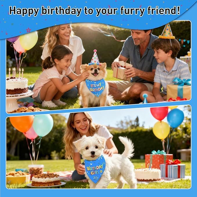 SZEE Dog Birthday Bandana, Reversible Bandanas for Dog Birthday Outfits, Pet Apparel & Accessories, Triangle Pet Scarf for Photo Prop and Holiday Decor (Small, Blue)