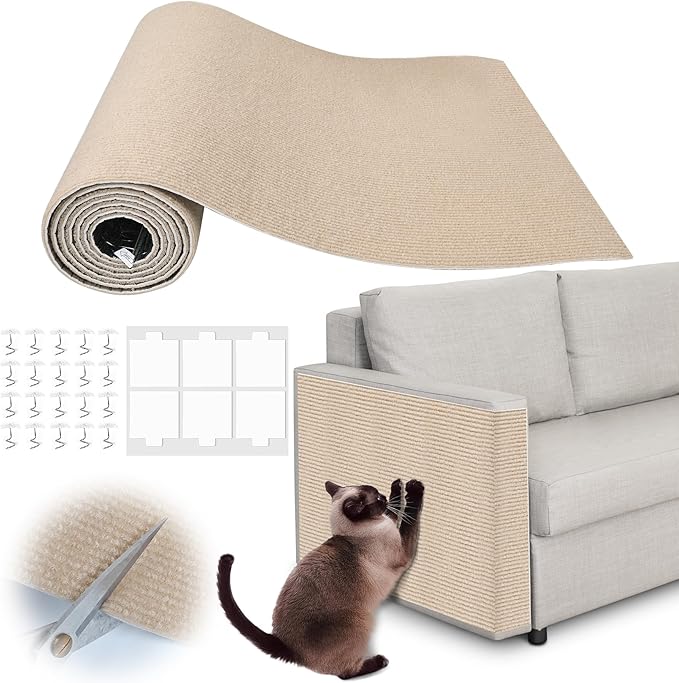 Cat Scratch Furniture Protector - 138" x 17" Trimmable Self-Adhesive Cats Claws Scratch Pads, DIY Cat Climbing Couch Protector for Scratch Post Cat Tree Replacement Indoor (Khaki)
