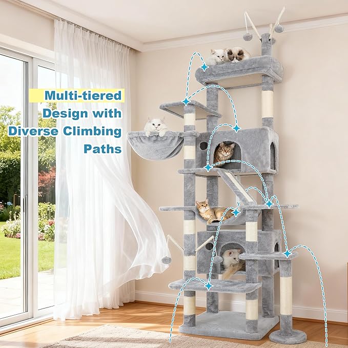 Hey-brother Cat Tree Tower, Sturdy Multi-Level Scratching Posts with Extra Supporting Part, 5 Teaser Toys, 2 Condos, Large Bed, Hammock, Scratch Baord for Indoor Cats, 82.7 Inches, Light Gray MPJ082W