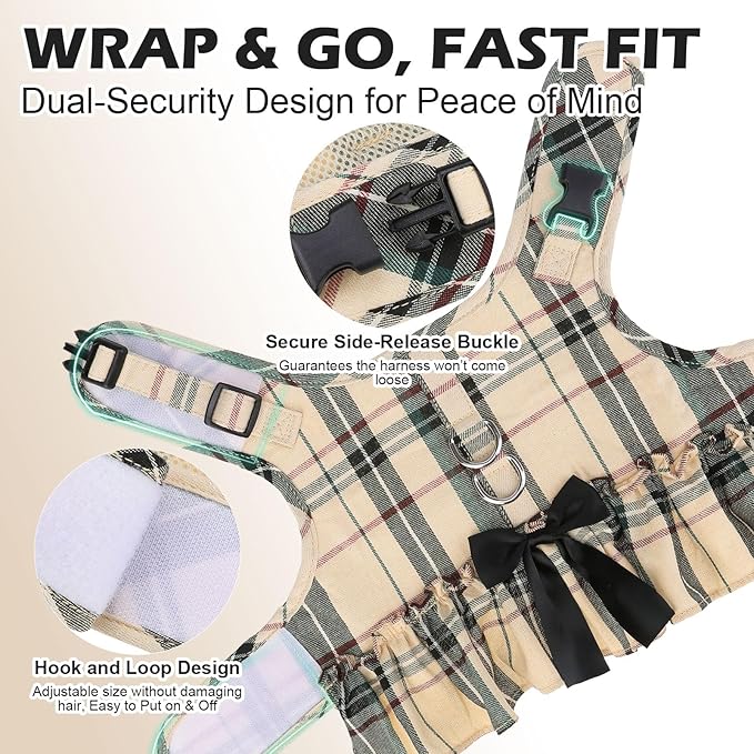 EXPAWLORER Dog Harness Small Medium Sized Dogs, Plaid Dog Dress Bowknot Harness and Leash Set, No Choke No Pull Soft Mesh Vest Cute Princess Puppy Outfits Clothes Costume for Girls Party Cats Beige XS