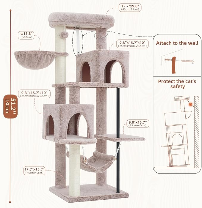 51.2'' Cat Tree Tower, Cat Tower with Scratching Post, Sturdy Steel Pube Cat Tree for Inoor Cats Large Adult, Cat Hammock and Basket, Padding Top Platform, Mushroom GCT014MU