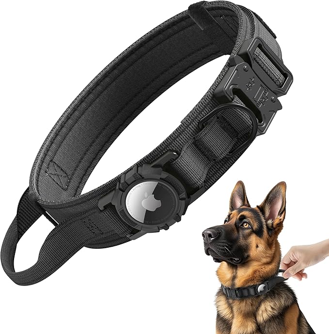 Upgraded Airtag Dog Collar Waterproof, Adjustable GPS Training Nylon Dog Collar with AirTag Holder, Control Handle and Quick-Release Buckle for Medium and Large Dogs (Black, L)