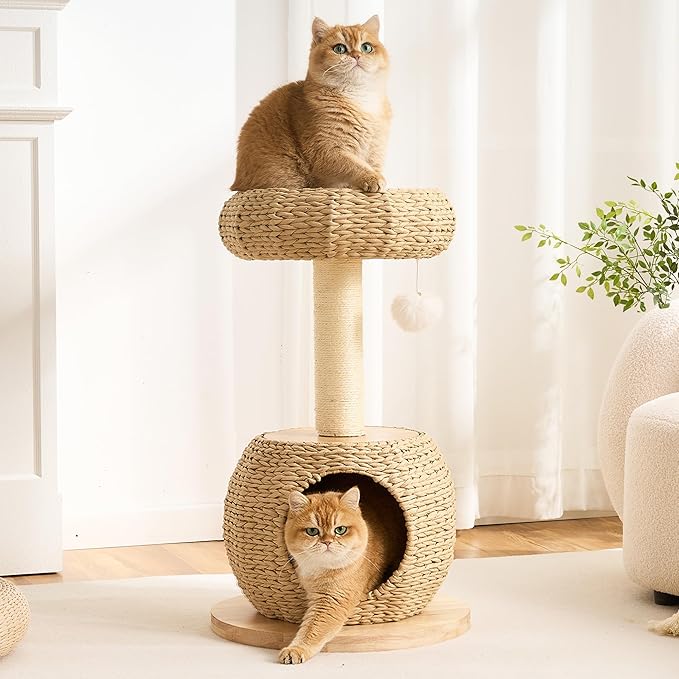 Modern Solid Wood Cat Tree Tower for Indoor Cats Large Adult, 30 inch Corner Small Cat Tree with Handmade Rattan Cat Bed, Luxury Aesthetic Cat Tree with Rattan Cave, Scratching Post