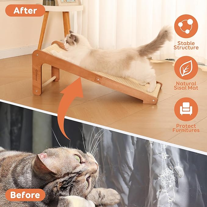Sisal Cat Scratcher for Indoor Cats, Beechwood Base, Natural Sisal Woven Scratch Pad, Durable Scratching Post, Furniture Protector (L2)