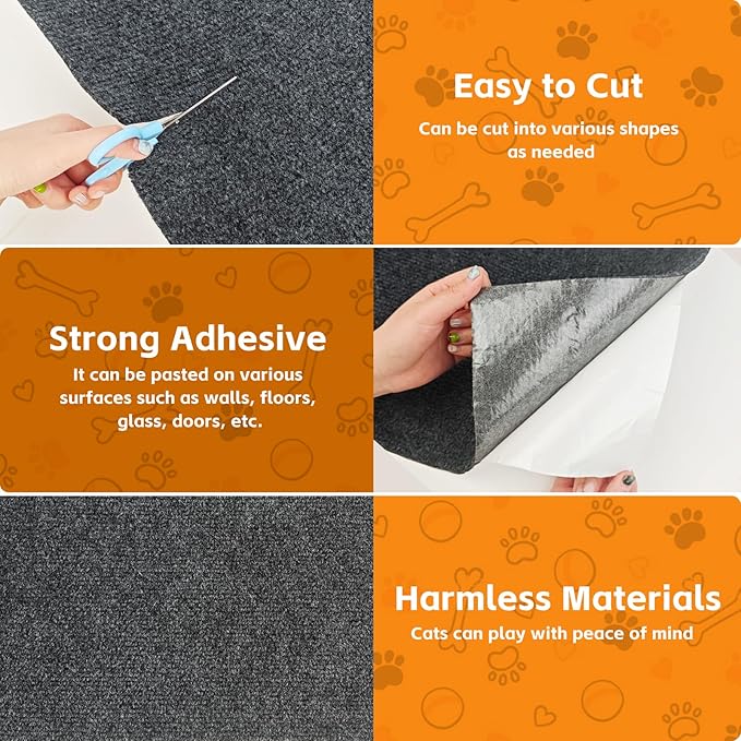 100"x16" Cat Scratch Protector Cat Anti Scratch Furniture Mat Carpet Trimmable Self-Adhesive Pad Strong Viscose Couch Protector Dark Grey