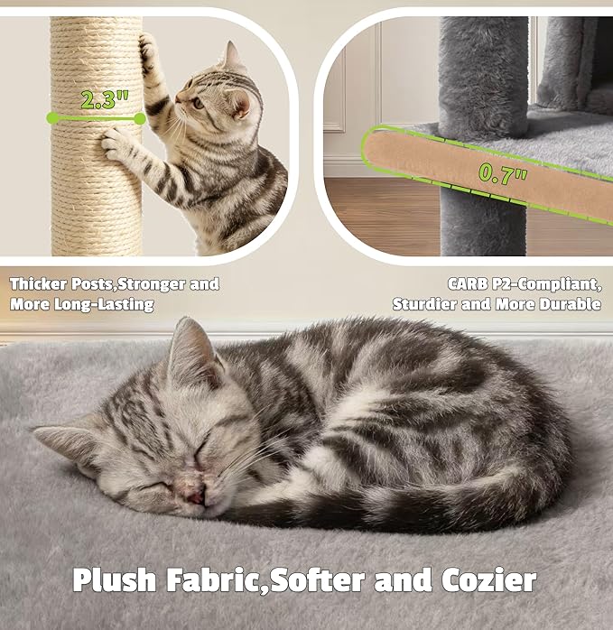 Pawly 52.5" Large Cat Tree with 2 Condos & Sisal Ramp, Premium CARB P2-Compliant Particle Board, 350G Plush Sturdy Cat Tower for Large Breeds, Senior Cats & Multi-Cat Household, Gray