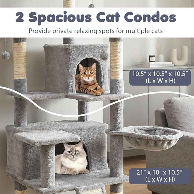 Tangkula 65 Inch Tall Cat Tree, Multi-Level Cat Tower with Sisal Scratching Posts & Board, 2 Condos, 3 Plush Top Perches, Adjustable Basket, 3 Hanging Balls for Indoor Cats (Gray)
