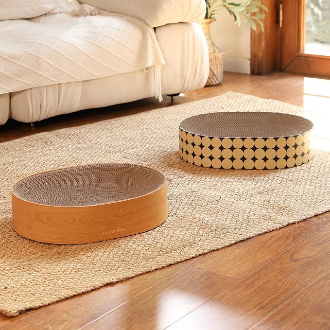 FUKUMARU Cardboard Cat Scratcher Bed, 2-in-1 Oval Cat Scratch Pad, Cats Scratching Board Lounge Bed Indoor, Durable Modern Kitty Scratcher Bowl, Cats Scratch Furniture Protector, Polka Dot