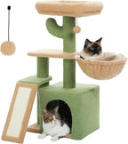 PETEPELA Cactus Cat Tree for Indoor Cats, 32'' Small Cat Tower+Cat Beds for Indoor Cats with Removable Flower Cat Bed