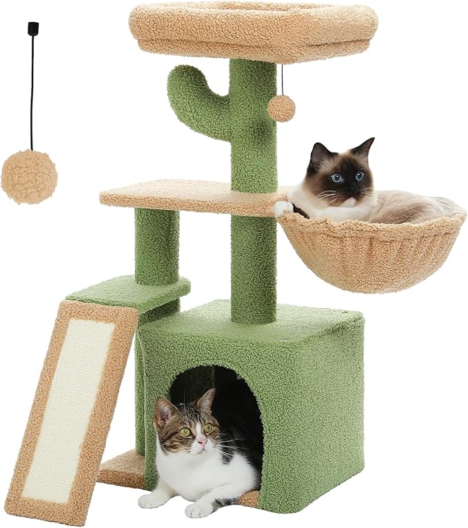 PETEPELA Cactus Cat Tree for Indoor Cats, 32'' Small Cat Tower+Cat Beds for Indoor Cats with Removable Flower Cat Bed