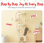 Cat Tree, Floor to Ceiling Cat Tower Adjustable Height [92.9-102.4 in=235-258cm], 7 Tiers Cat Climbing Play House with Scratching Post, Cozy Condo & Hammocks for Indoor Cats, Beige