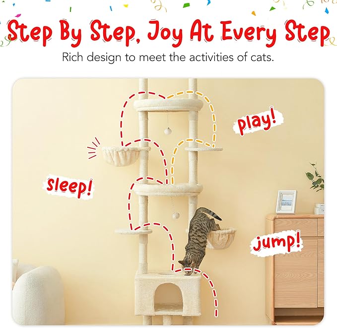 Cat Tree, Floor to Ceiling Cat Tower Adjustable Height [92.9-102.4 in=235-258cm], 7 Tiers Cat Climbing Play House with Scratching Post, Cozy Condo & Hammocks for Indoor Cats, Beige