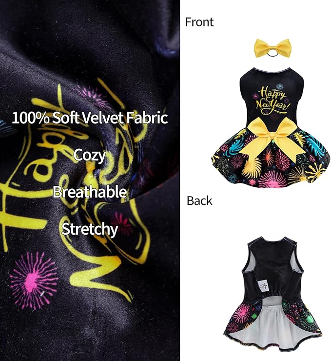 CuteBone Happy New Year Dog Dresses Velvet Holiday Small Dogs Clothes Onesie Pet Apparel Girl Puppy Skirt with Bow Hair Rope CVA56XXS-D