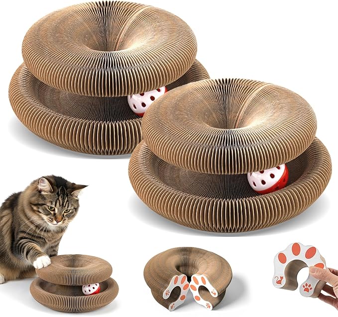 2 Pack Cat Scratcher Toys with Balls Bells, Magic Organ Foldable Cat Scratching Board for Kitten, Interactive Toys for Indoor Outdoor Exercise Anxiety Relief, Auburn