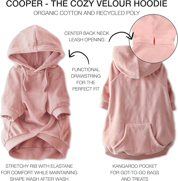 Cooper II Organic Cotton Velour Dog Hoodie Pet Coat for Small, Medium and Large Dogs, Pink, XXX-Small (up to 5lbs)