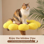 Morden Cat Tree for Indoor Cats, Aesthetic Cat Tree w/Natural Solid Wood Scratching Post, Sunflower Cat Tower with 2 Hanging Toy Ball for Multi-Cat Households, 3 Flower Perches