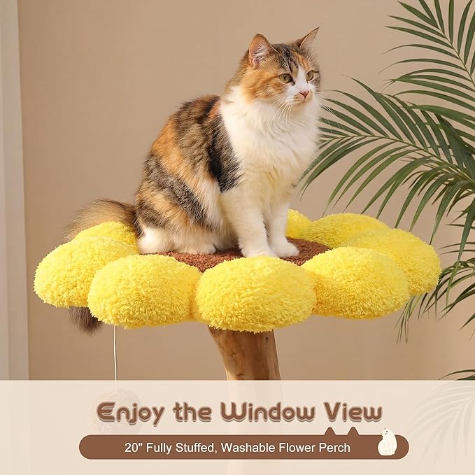 Morden Cat Tree for Indoor Cats, Aesthetic Cat Tree w/Natural Solid Wood Scratching Post, Sunflower Cat Tower with 2 Hanging Toy Ball for Multi-Cat Households, 3 Flower Perches