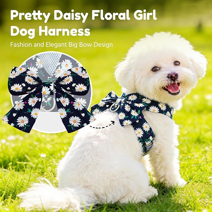 BAEJMJK Dog Harness and Leash Set with Bow Knot No Pull Pet Daisy Floral Harness with D-Ring Soft Mesh Dog Harness Vest Set Escape Proof Princess Puppy Harness for Small Girl Dogs Cats（Navy Blue S）