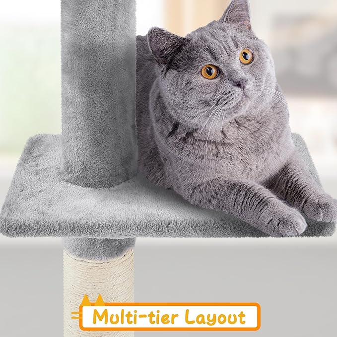 Yaheetech Cat Tree, Floor to Ceiling Cat Tower for Large Cats, 89-104.5in Height Adjustable Tall Climbing Tree w/Scratching Posts, Condo and Perches, Light Gray