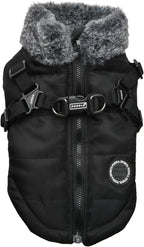 Puppia Donavan Winter Dog Coat with Integrated Harness No Pull Cold Weather Waterproof Warm Fleece Back Zipper for Small & Medium Dog, Black, Large