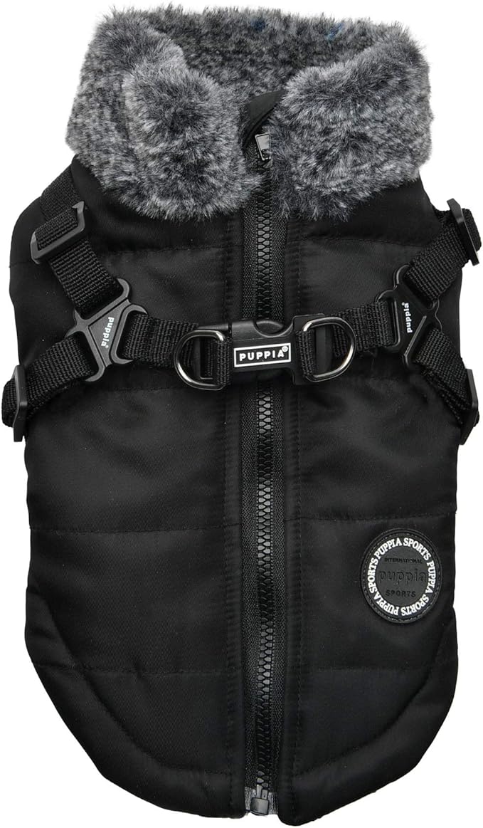 Puppia Donavan Winter Dog Coat with Integrated Harness No Pull Cold Weather Waterproof Warm Fleece Back Zipper for Small & Medium Dog, Black, X-Large